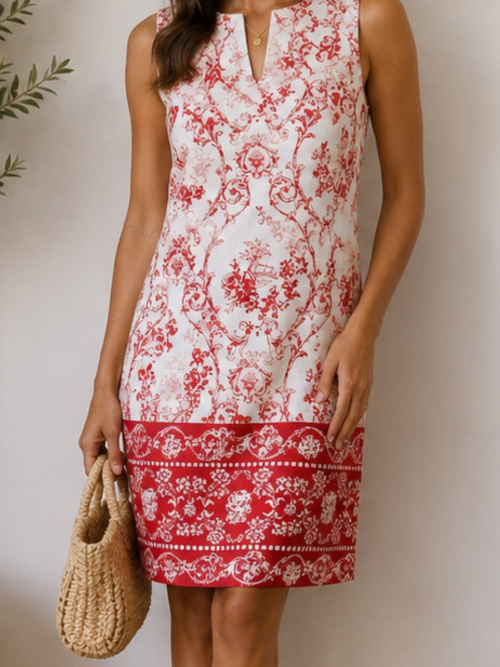London Times White and Red Sleeveless Notch-Neck Mini Dress